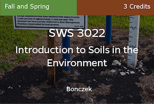 SWS3022, Introduction to Soils in the Environment, Bonczek, Fall, UFO Only, 3 credits