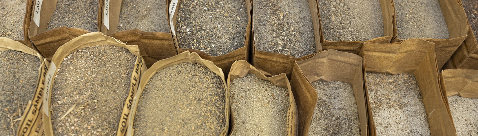 close up of different sandy soils in paper bags for lab sampling