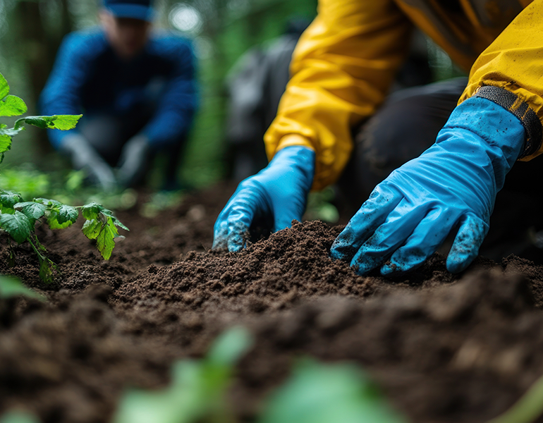 A close up of hands in blue gloves sifting through soil.