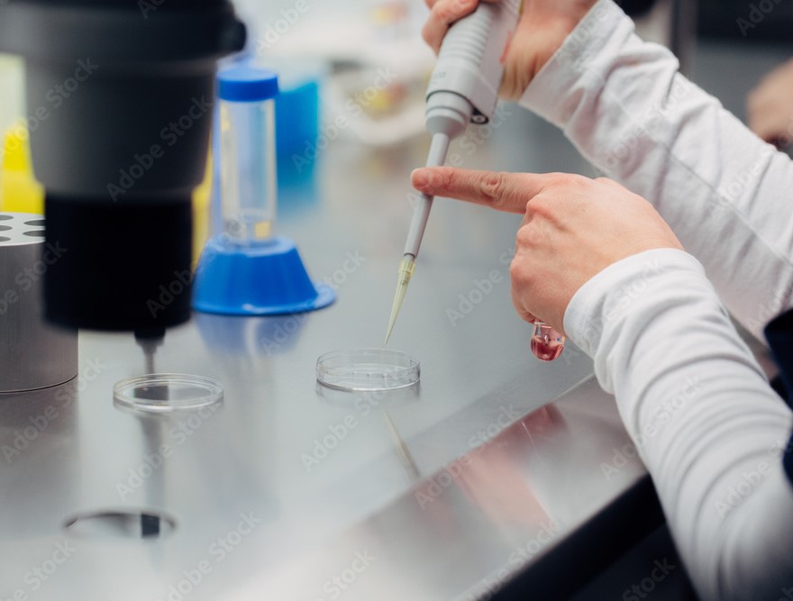 A close up image of a scientist using a pipette to put liquid in a test tube.