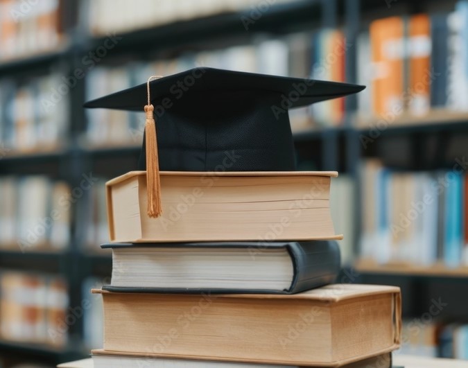 A black mortarboard sits on top of a stack of sever large books. In the background are shelves of books, as if in a library.