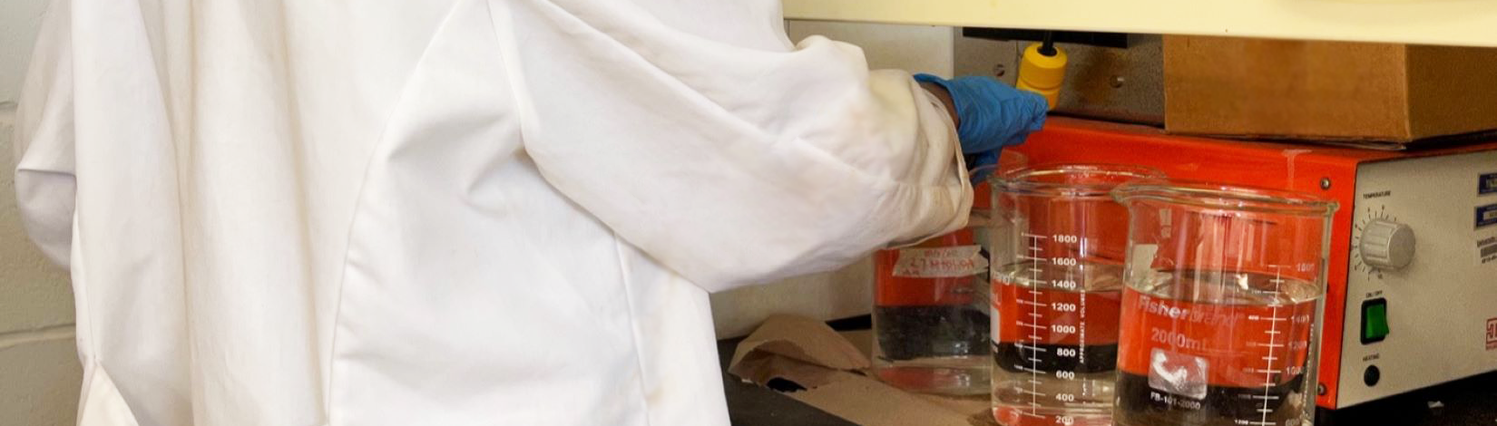 person working at laboratory hood bench