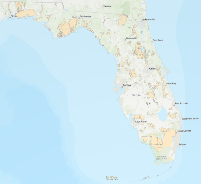 An image of a State of Florida Map with areas highlighted showing Wildlife Management Areas throughout the state.
