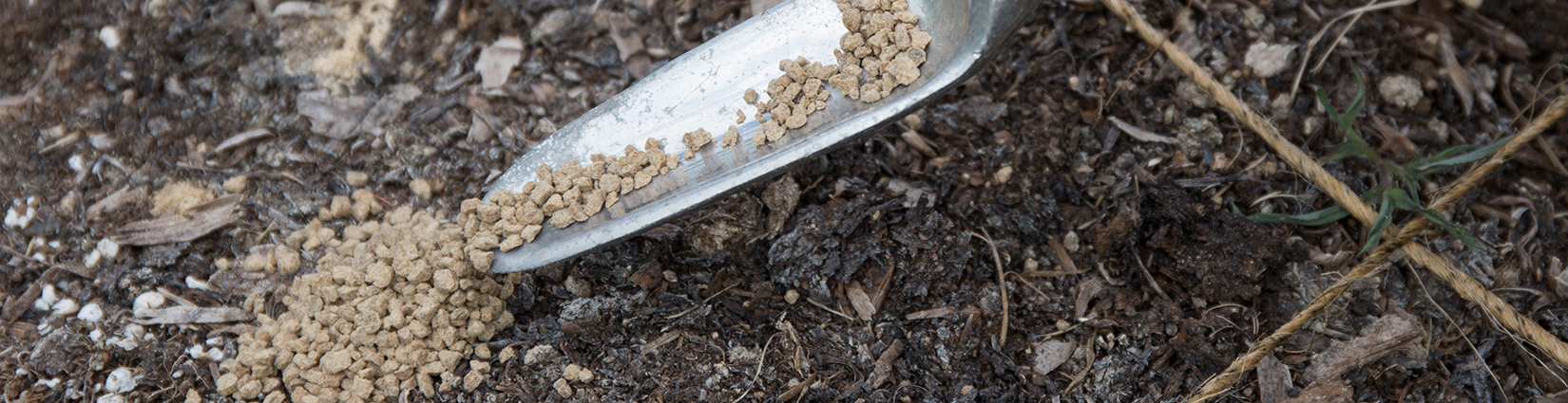 trowel dropping fertilizer pellets