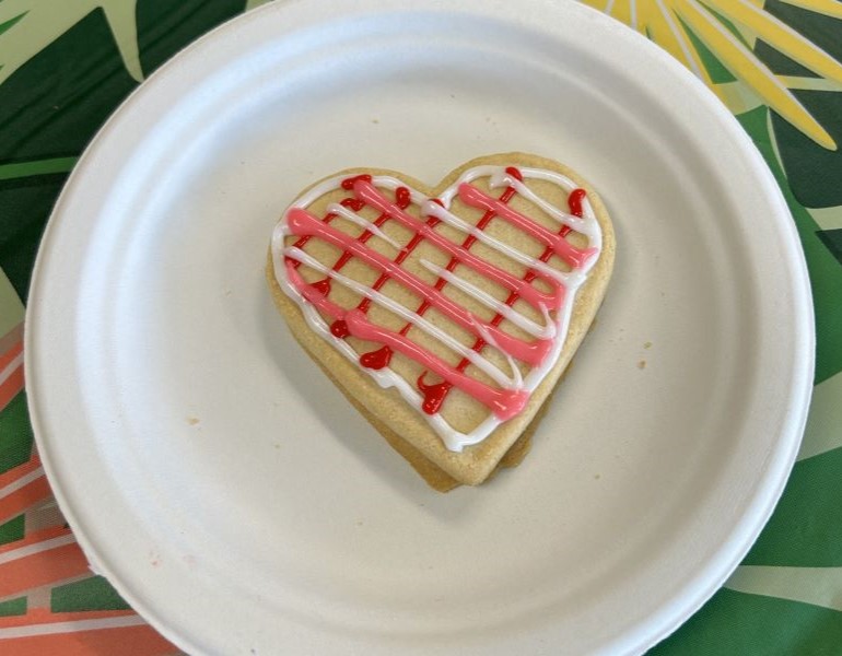 A paper plate with one heart shaped cookie decorated with red, white, and pink frosting stripes.