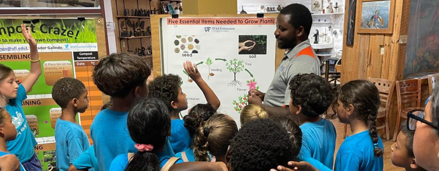 A graduate student standing by an easel with a poster on it explains soil science to a group of middle school children who are surrounding him and the easel.