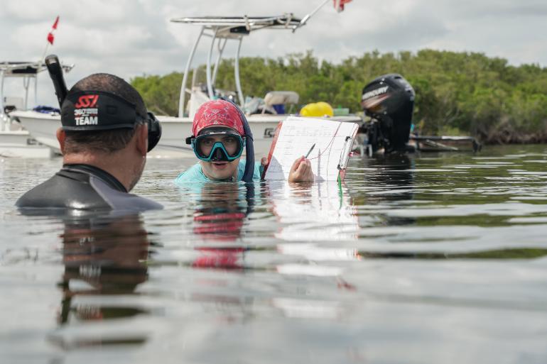 Two people in snorkeling gear stand in a shallow part of the Gulf to measure seagrass properties.