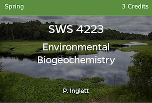 SWS4223, Environmental Biogeochemistry, P Inglett, Spring, 3 credits