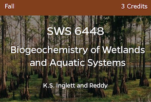 SWS6448, Biogeochemistry of Wetlands and Aquatic Systems, K Inglett and Reddy, Fall, 3 credits