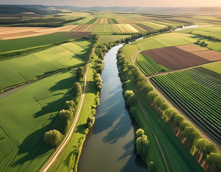 Agricultural catchment aerial photo with small river running through farmland