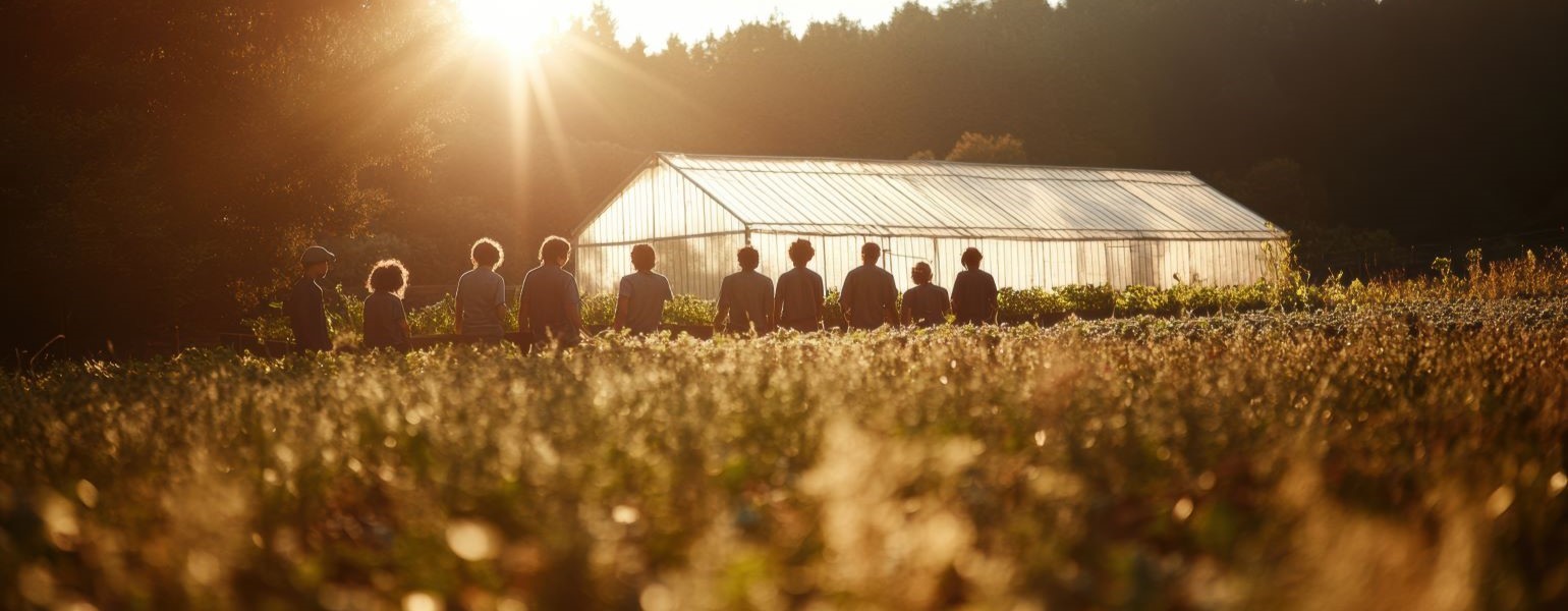 The sun setting with a greenhouse in the background and a line of students in front of the greenhouse. A field of plants is in the foreground.