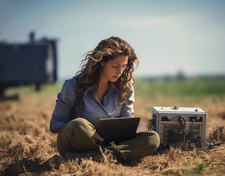 A female student sits in a plowed field while working on a laptop. A hard equipment case is on the ground right of her. A piece of farm equipment is in the background.