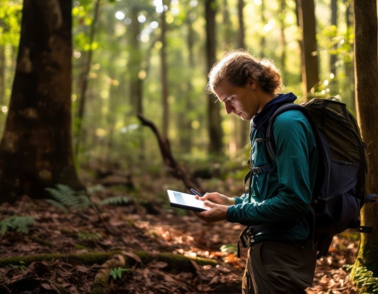 A male student stands in the forest looking at a clipboard he is holding.