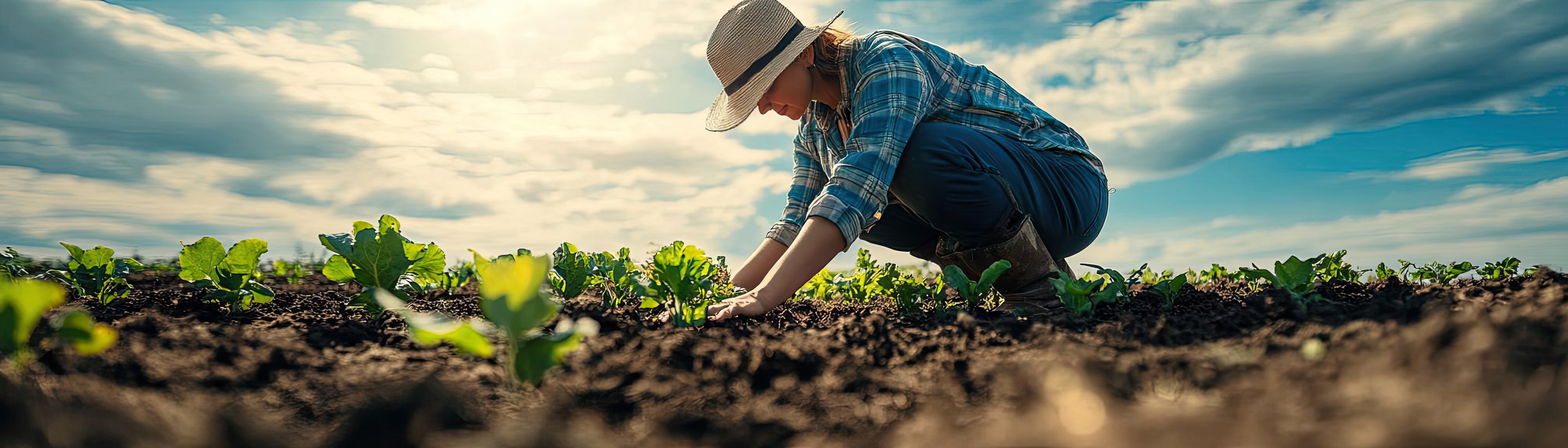 A woman dressed in farm clothes crouched down in a field, tending to young plants.