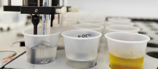Lab equipment measures contents of a solution in a small plastic cup.