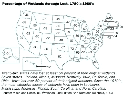 Percentage of Wetlands Acreage Loss. Source: Mitch and Gosselink. Wetlands. 2nd Edition. Van Nostrand Reinhold, 1993.
